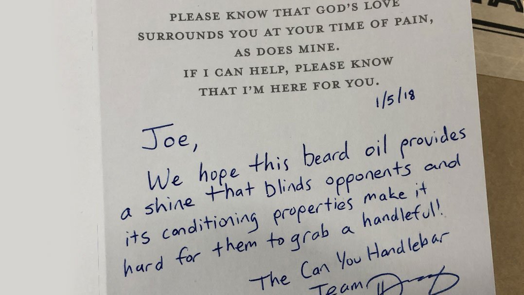 Handwritten note of condolences to Joe Thornton's beard