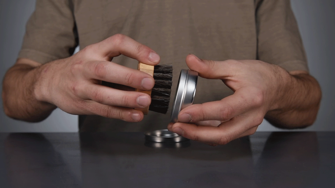 The Can You Handlebar Beard Oil Brush® fits perfectly in the Beard Balm tin